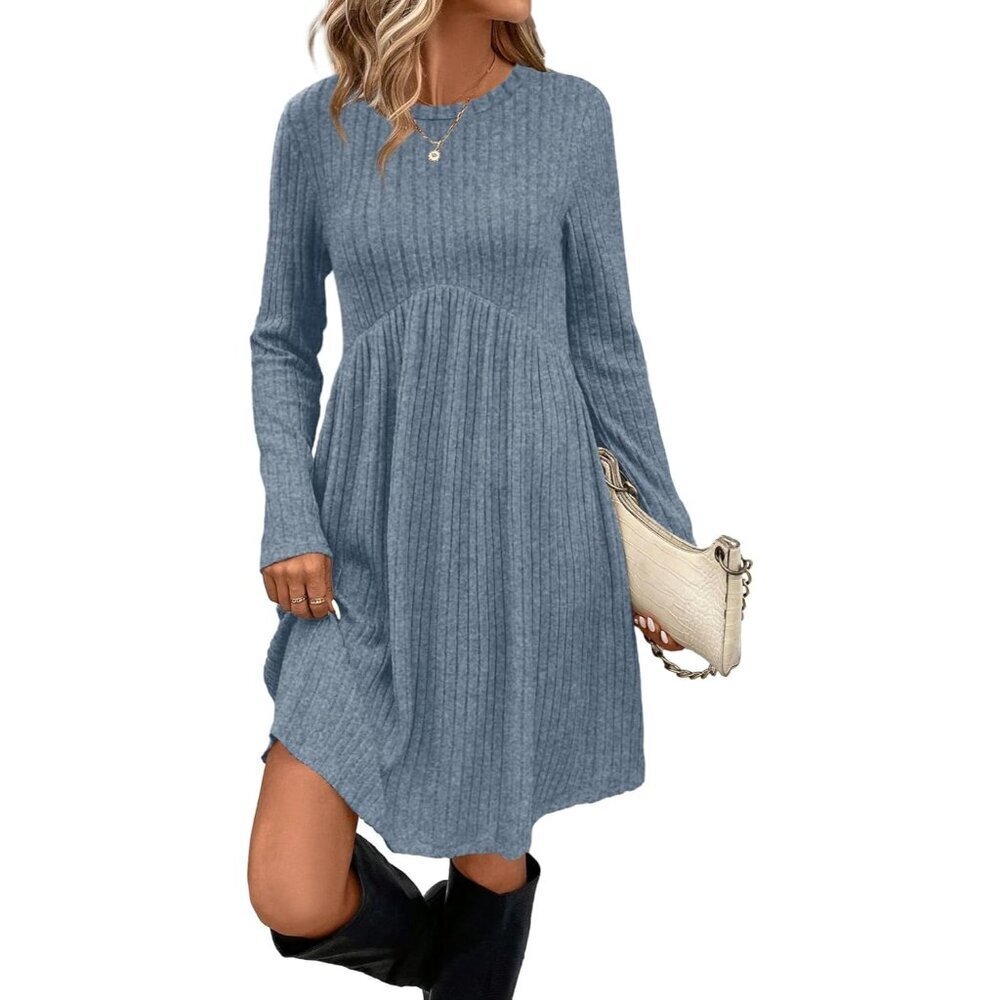 Ofeefan Women Light Blue Crew Neck Long Sleeve Empire Waist Dress with Pockets